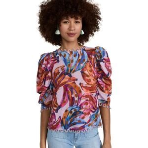 FARM Rio Coloured Bananas Puff Sleeve Blouse w/ Crochet Floral Multi Women's L